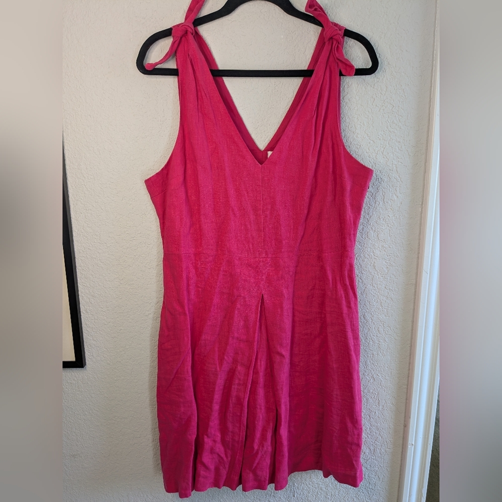 GAP Linen Cotton Dress Size 14 Bright Pink V Neck Side Zip Tie Shoulder Detail